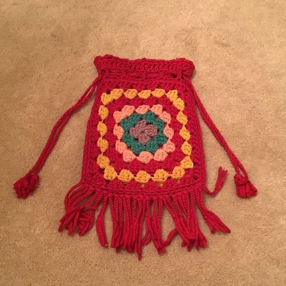 1970's Red Granny Square Handmade Knit Hippie Pouch Handbag - Picture 3 of 4